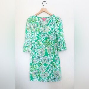 Lilly Pulitzer Green Floral Mini Shift Dress Size 00 Bell Sleeve